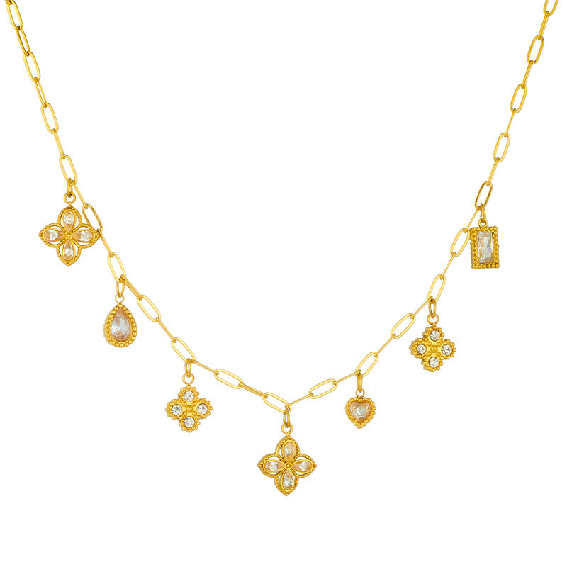 Vintage Elegant Rhinestone Teardrop Floral Geometric Plated Stainless Steel Pendant Necklace for Women