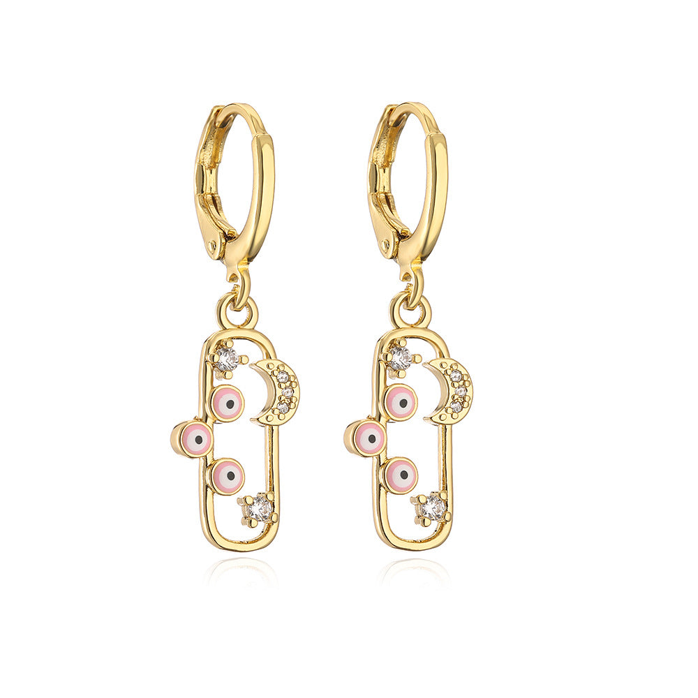 Geometric Star Moon Eye Earrings in Copper with Real Gold Plating and Zircon Inlay
