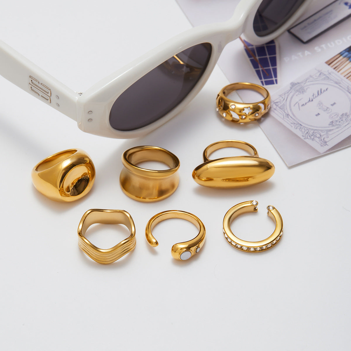 Anillo Geométrico de Acero Inoxidable con Incrustaciones de Piedra Natural Chapado para Mujer Joyería Moderna y Elegante
