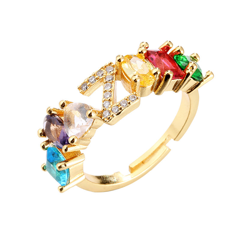 Hand-Set Cubic Zirconia Letter Open Ring Gold Plated Brass Adjustable Women