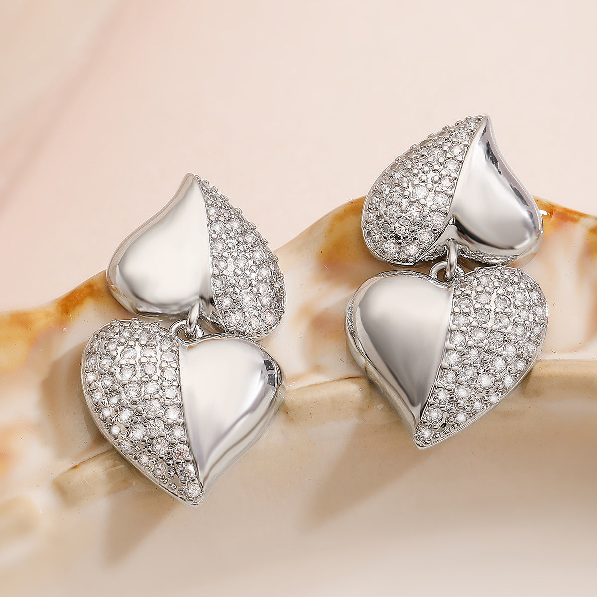 Minimalist Heart-Shaped Micro-Paved Zirconia Stud Earrings for Women in Brass with 18K Gold Plating