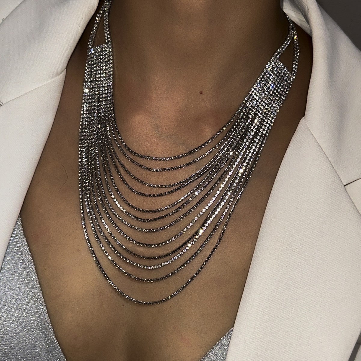 Minimalist Luxury Geometric Rhinestone Plated Alloy Multi-layer Tassel Necklace for Women