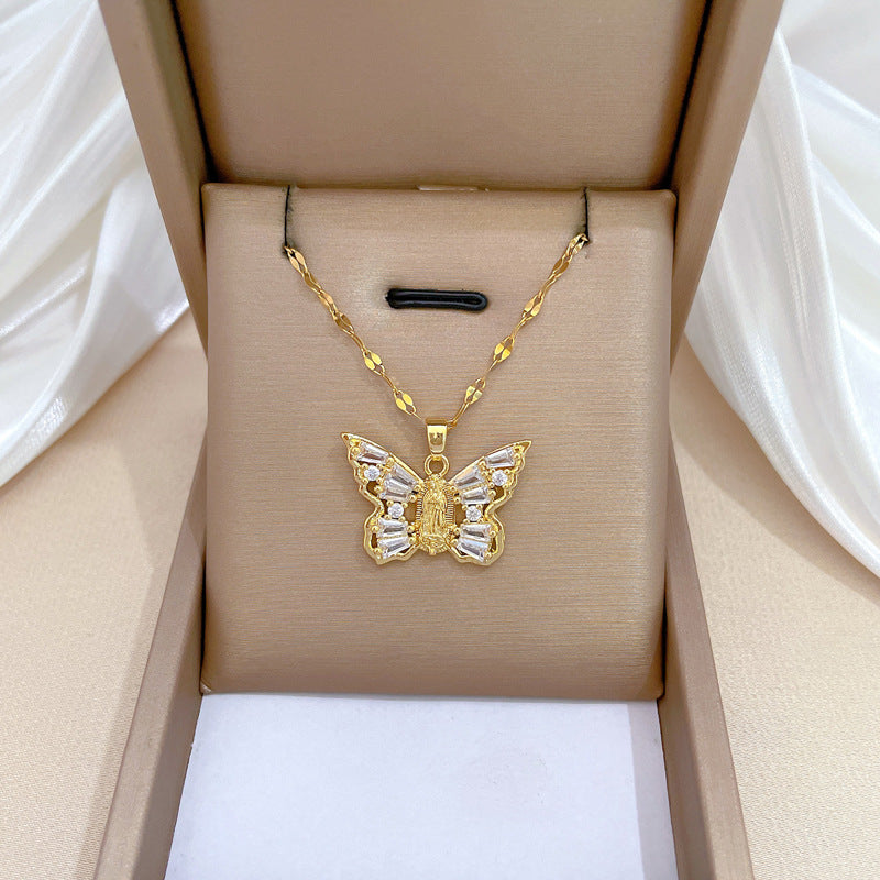 Collana con Ciondolo a Farfalla Minimalista da Donna e Uomo con Catena in Acciaio al Titanio e Intarsio in Zirconia Cubica