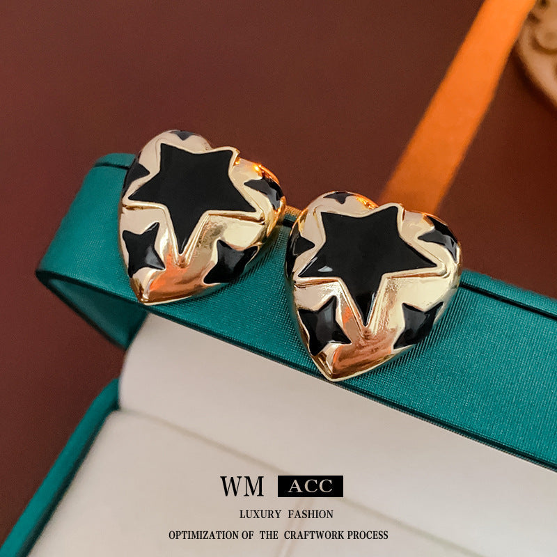 Vintage Geometric Pearl Earrings with Black Enamel Finish in Copper Base and Stainless Steel Posts for Women