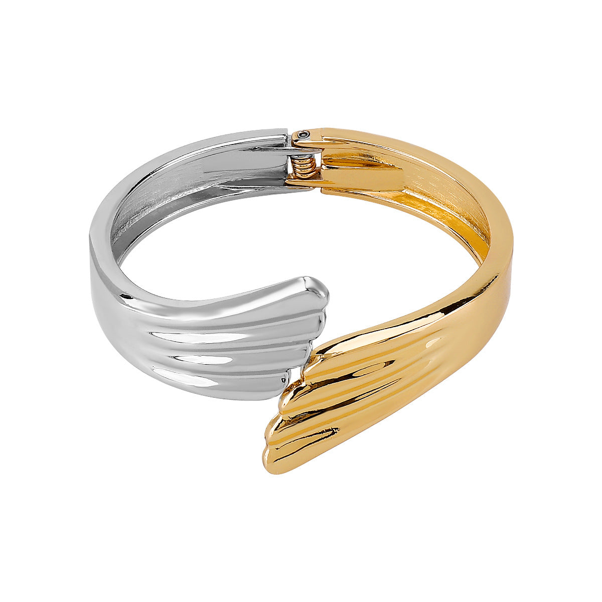 Bracciale in lega con motivo geometrico irregolare, design a molla, finitura metallica galvanizzata, bangle di tendenza