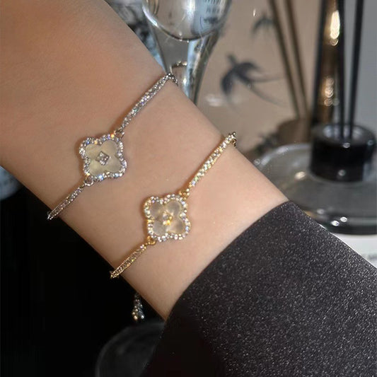 Elegante Pulsera de Hoja de Concha de Abulón y Circonia Chapada en Oro para Mujer, Accesorio de Moda de Lujo Minimalista