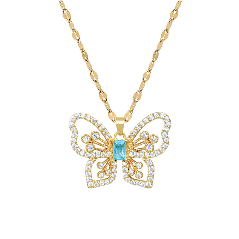 Sweet Minimalist Geometric Butterfly Rhinestone Titanium Steel Necklace for Unisex