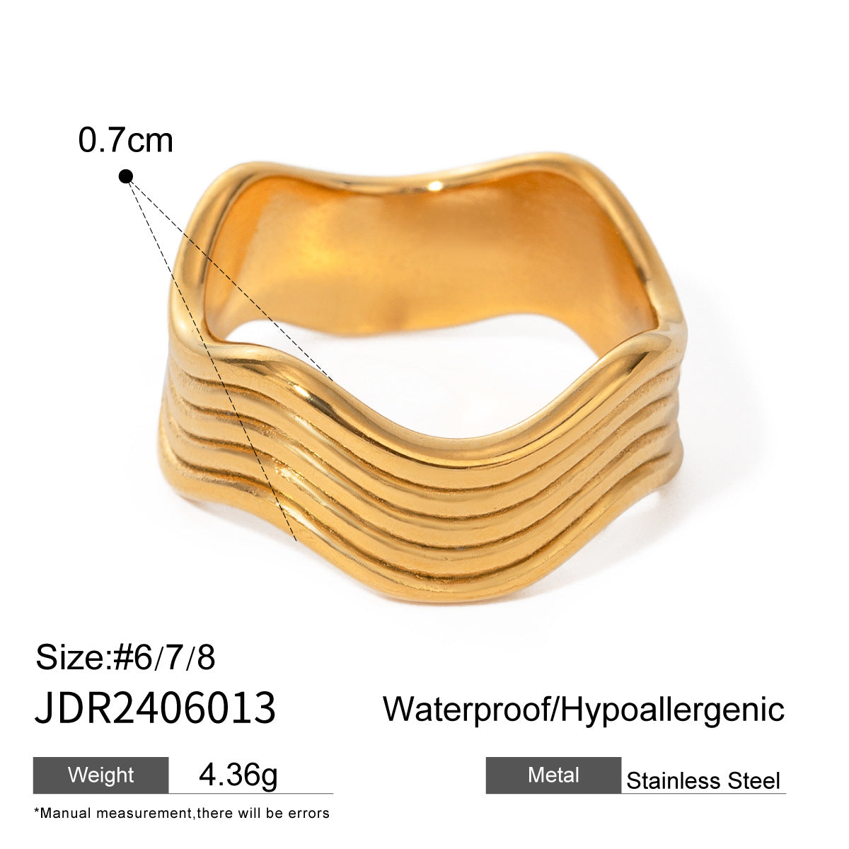 Sweet Geometric Plated Stainless Steel Wide Wave Ring for Women