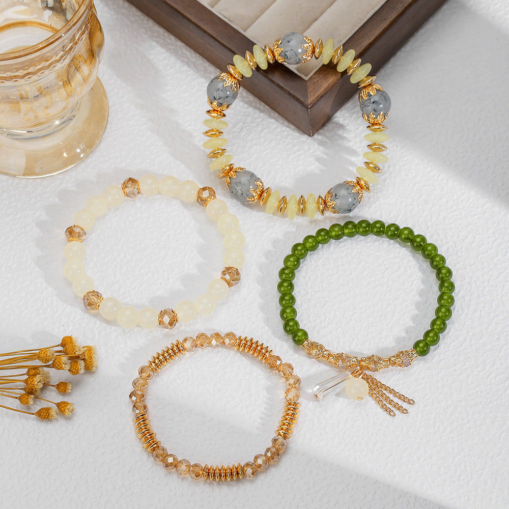 Bohemian Ethnic Geometric Round Glass Agate Crystal Tassel Multi-layer Bracelet
