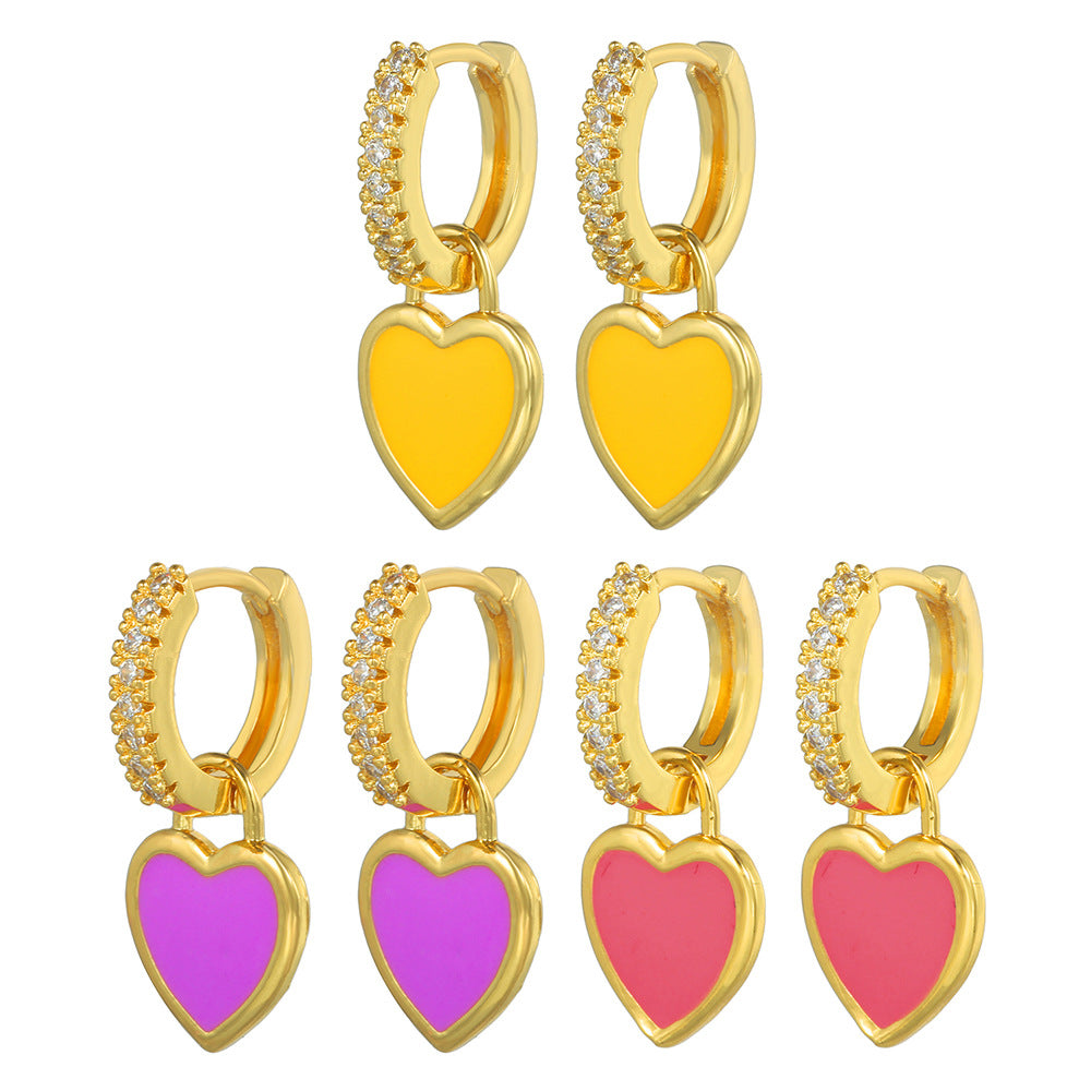 Casual Minimalist Heart Cubic Zirconia Inlay Brass Earrings