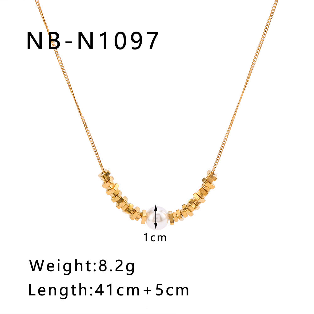 Ins Style Geometric Gold Block Pearl Pendant 18K Gold Plated Titanium Steel O-Chain Necklace for Women