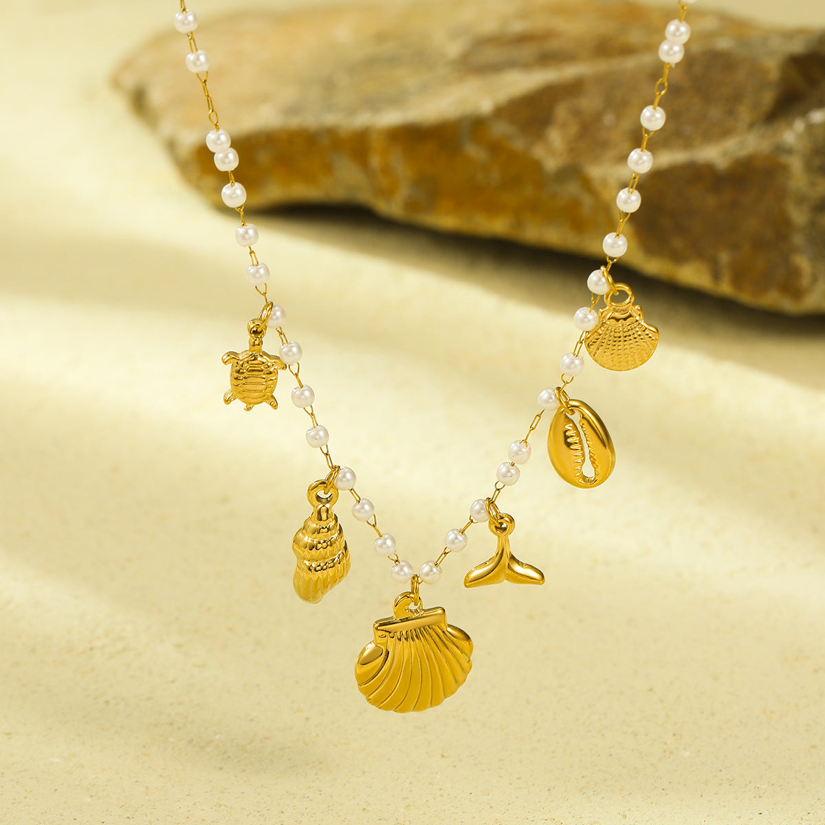 Ocean-Themed Pearl-Embellished Titanium Steel Pendant Necklace with Starfish and Seashell Motifs, Fashionable Minimalist Design for Women
