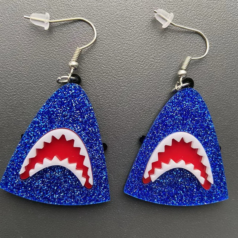 Punk Style Shark Animal Acrylic Earrings with Blue Glitter and Blood-Drop Knife Design for Halloween