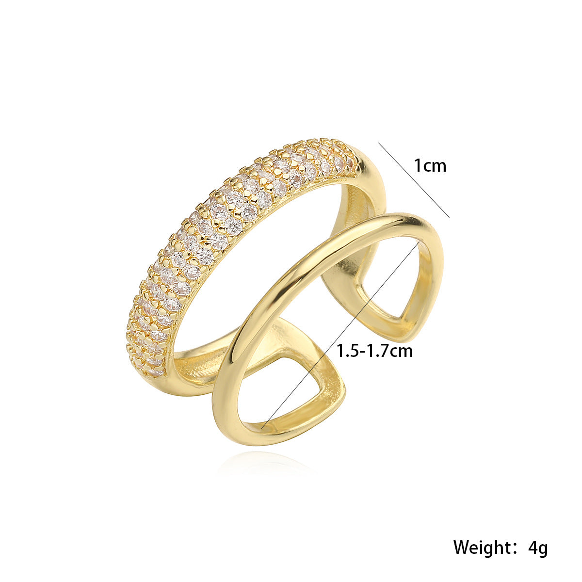 Anello Aperto Geometrico Minimalista da Donna in Ottone con Placcatura in Oro Vero e Intarsi in Zircone