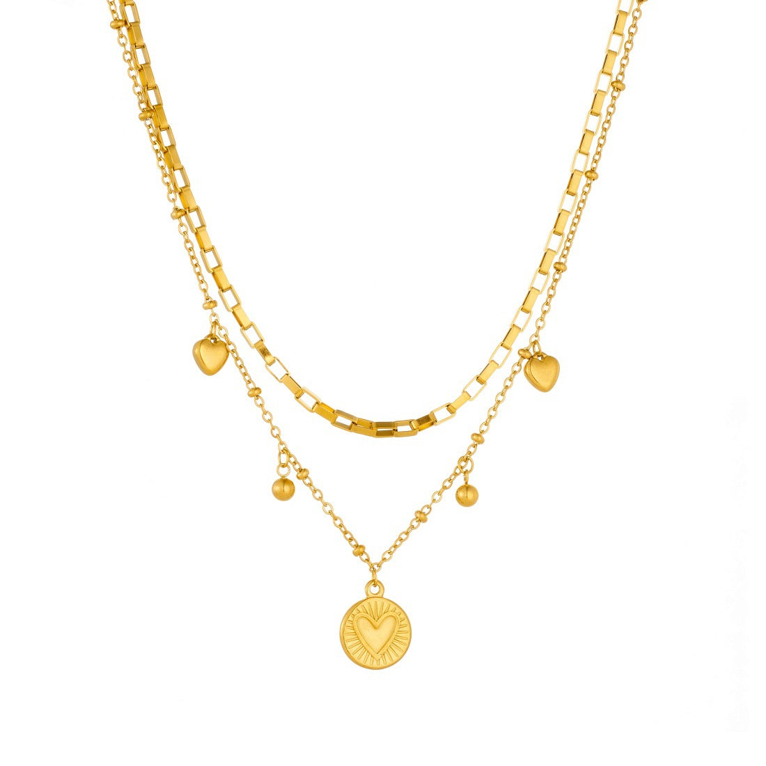Minimalist Gold Plated Stainless Steel Heart Round Pendant Necklace with Curb Chain