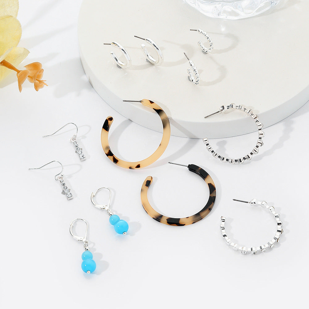Vintage Sweet Geometric Round Alloy Acrylic Rhinestone Plated Hoop Earrings Set for Women