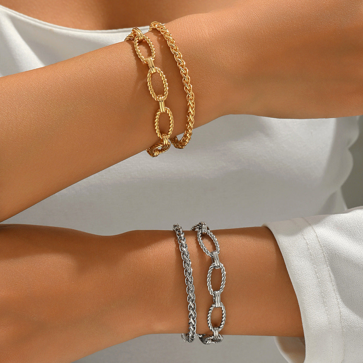 Streetwear Plated Iron Cuban Link Figaro Rope Chain Bracelet Set for Unisex