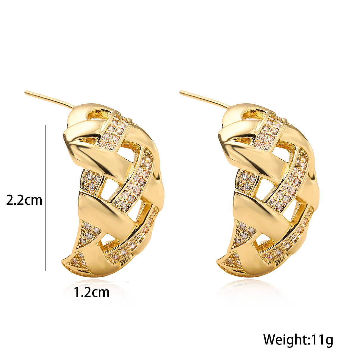Orecchini a perno geometrici minimalisti in rame con placcatura in oro 18 carati e intarsio di zirconi per donna