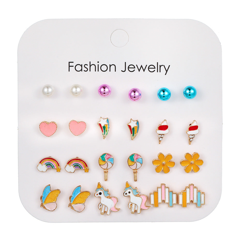 Fashion Elegant Colorful Drip Oil Animal and Floral Stud Earrings Set for Women