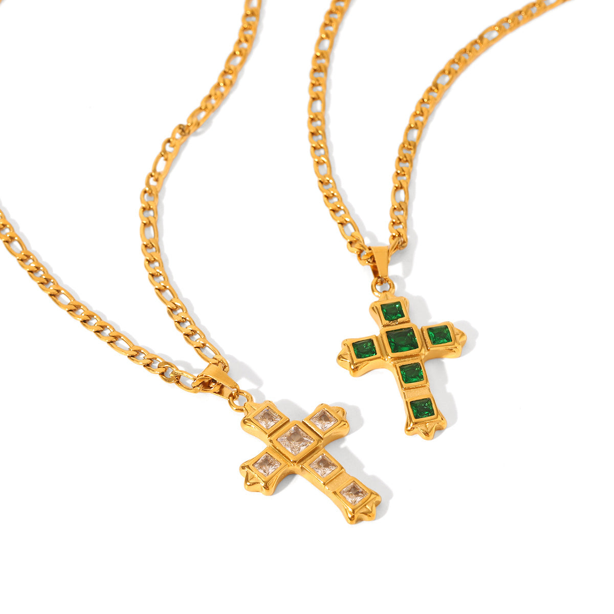 Minimalist Cross Pendant Necklace in Stainless Steel with Zircon Inlay on Figaro Chain for Women