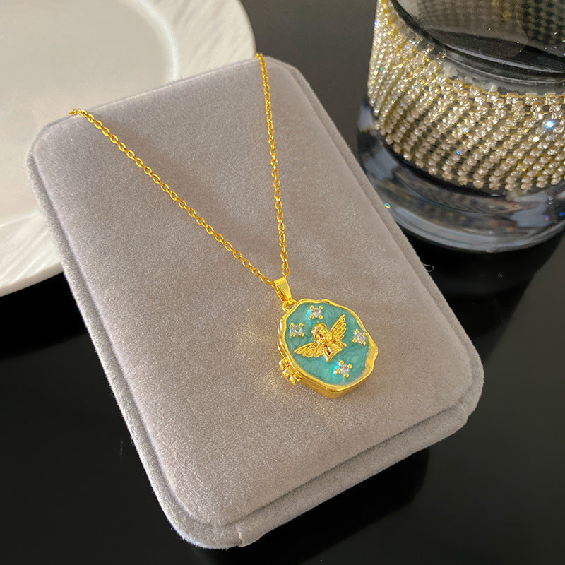 Vintage Enamel Drip Oil Oval Heart Brass Pendant Titanium Steel Necklace Cable Chain