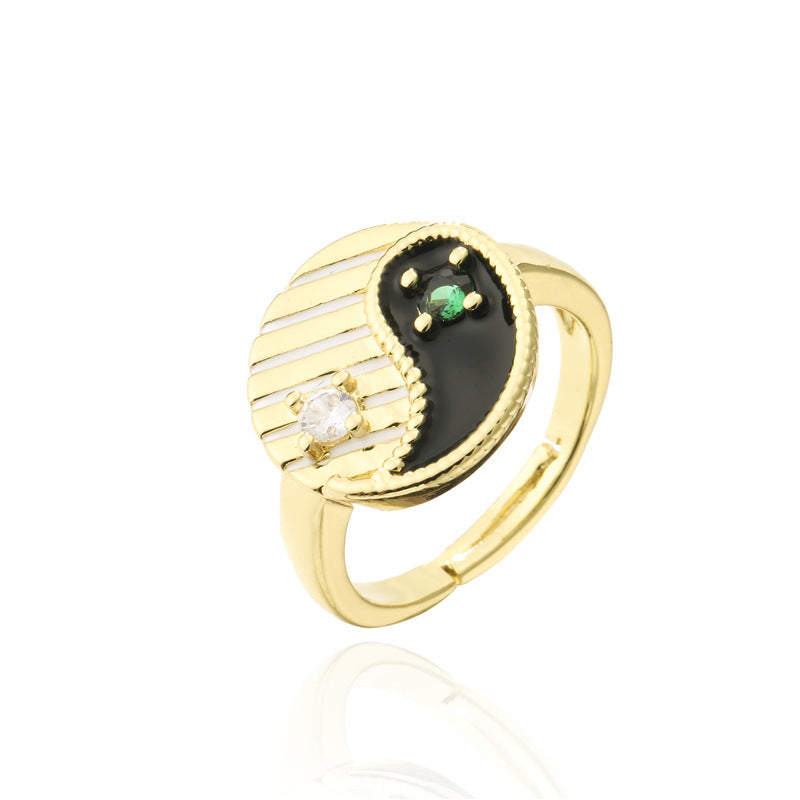 Geometric Drip Oil Brass Ring with Cubic Zirconia Yin Yang Tai Chi Bagua Design for Women