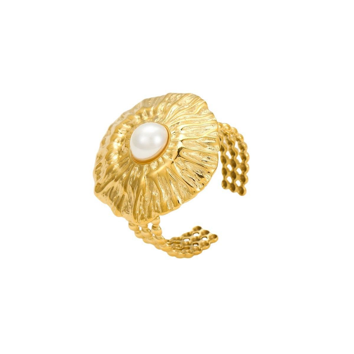 Anello da donna alla moda in acciaio al titanio geometrico con texture circolare e intarsio di perle