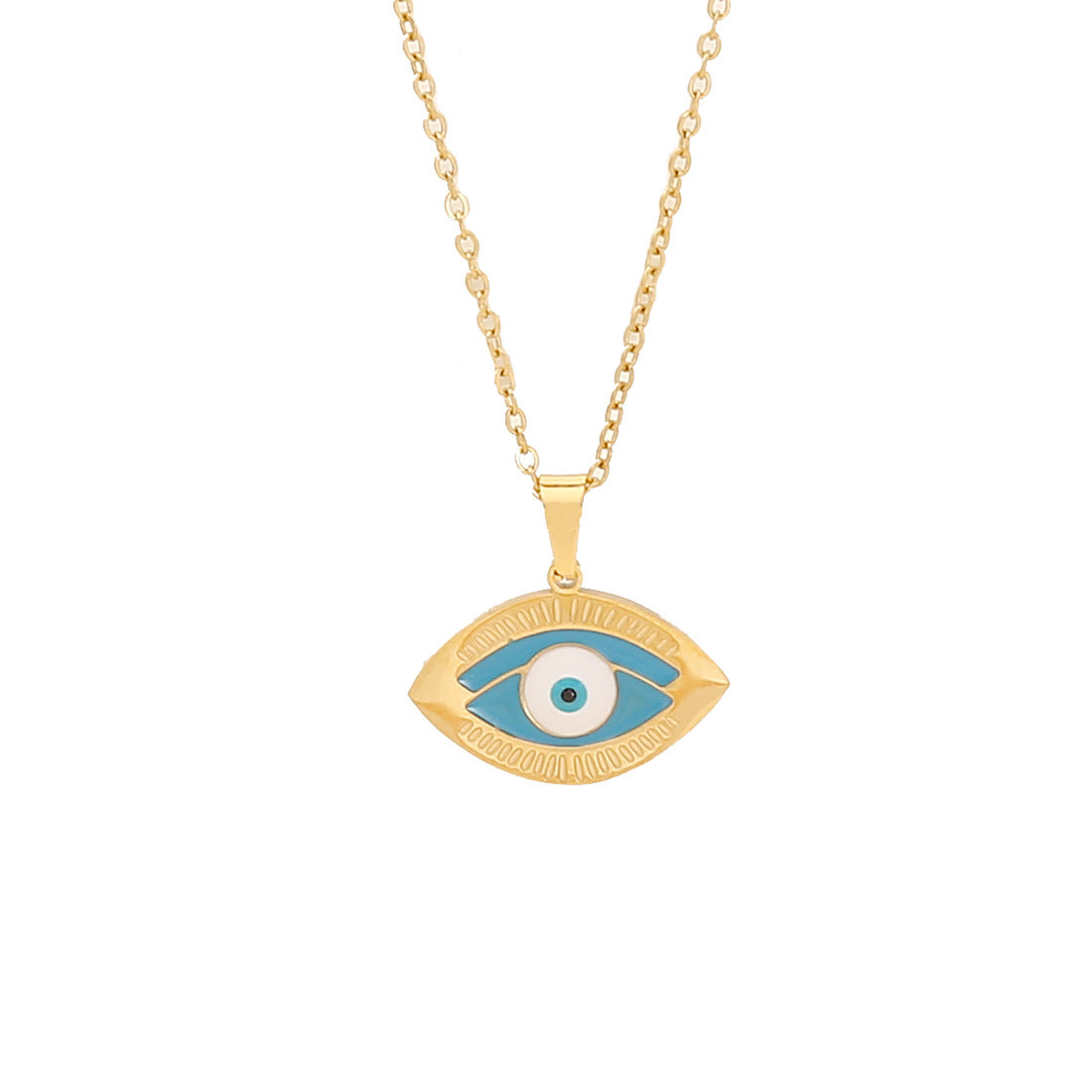 Minimalist Blue Enamel Eye Pendant Necklace with Hand Charm in Stainless Steel