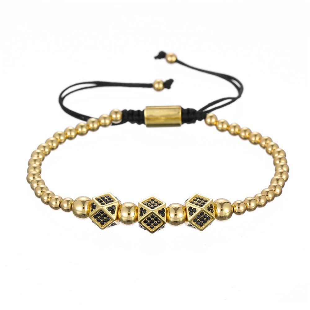 Unique Geometric Handmade Brass Bracelet with Cubic Zirconia and Adjustable Beads
