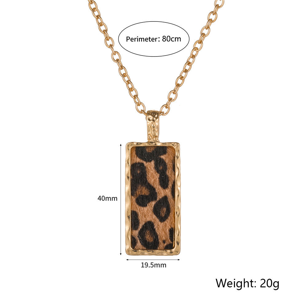 Minimalist Geometric Square Leopard Print Alloy Plated Pendant Necklace with Snake Chain for Women