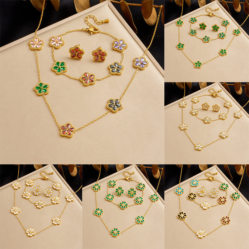 Vintage Luxury Gold Plated Stainless Steel and Acrylic Star Flower Pendant Set with Rhinestone for Women