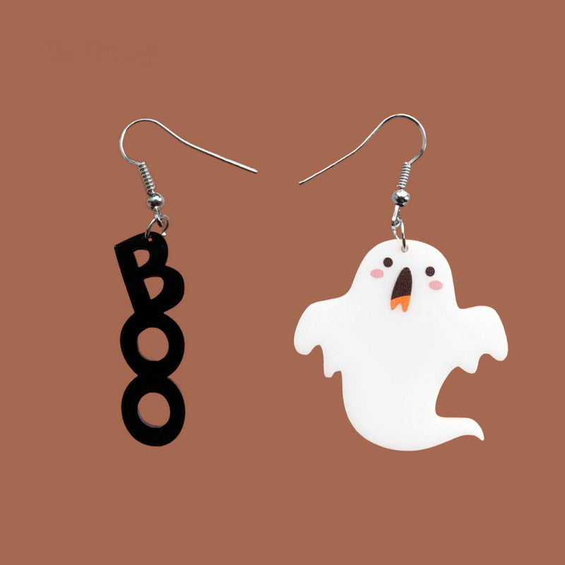 Pendientes de Halloween acrílicos con forma de letra estilo dibujo animado "Boo" para mujer con acabado hecho a mano