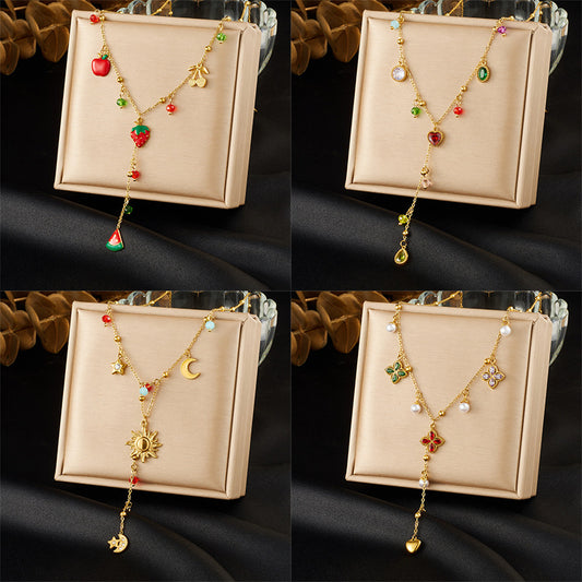 Sweet Geometric Strawberry Drip Oil Rhinestone Crystal Plated Stainless Steel Y-Necklace for Women