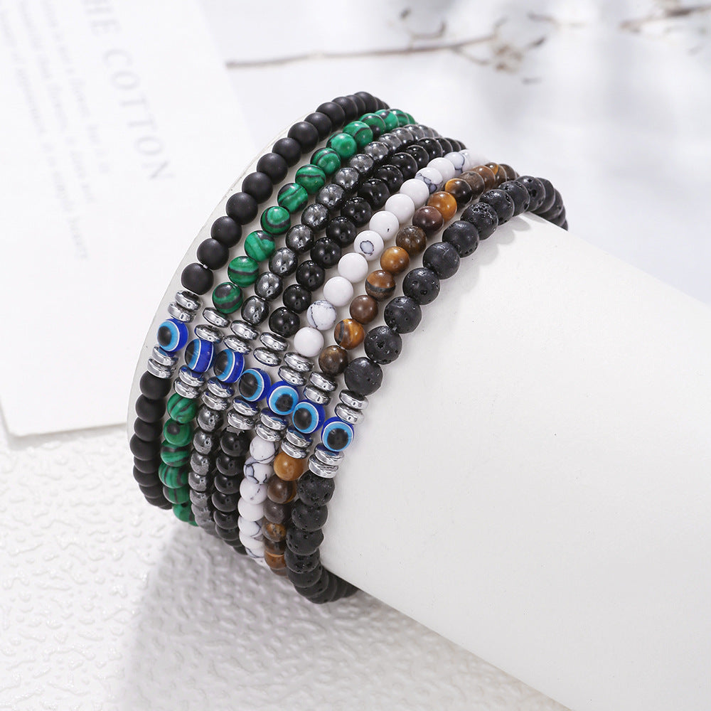 Men's Evil Eye Beaded Bracelet with Green Peacock, Yellow Tiger Eye and White Turquoise Stones