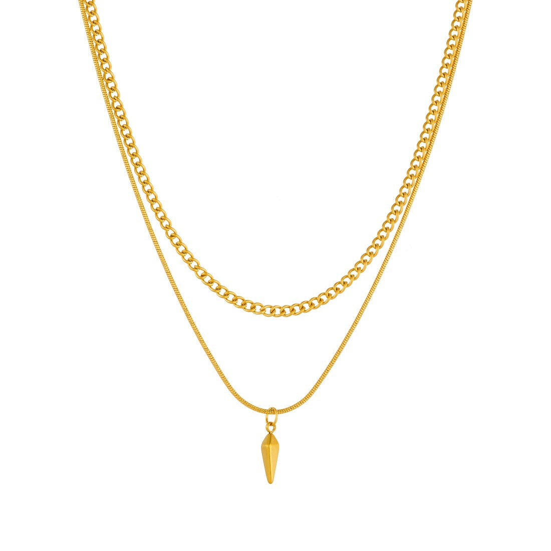 Punk Hip-hop Gold Plated Stainless Steel Rivet Pendant Double Layer Snake Chain Necklace