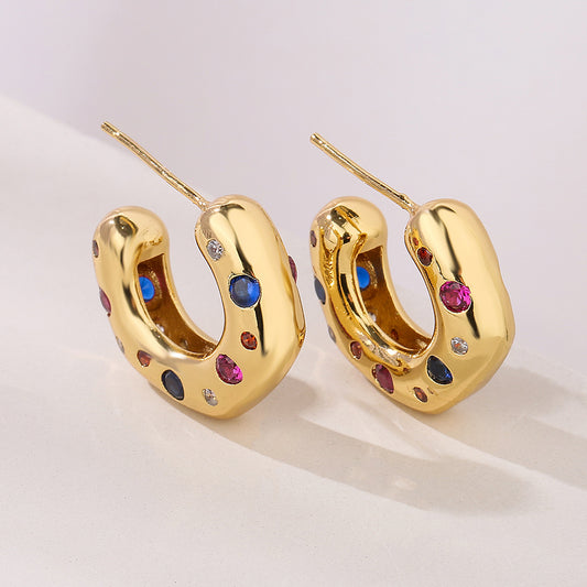 Pendientes de tuerca geométricos irregulares para mujer en cobre con microengaste de pavé, joyería minimalista y moderna para el día a día
