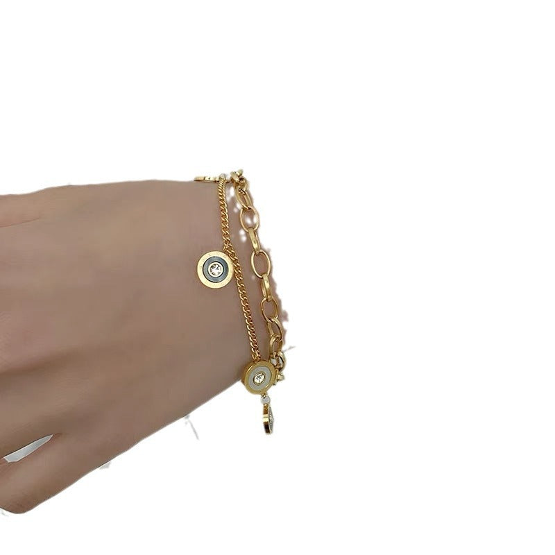 Sweet and Cool Style Geometric Titanium Steel Plated Black and White Shell Bracelet for Women