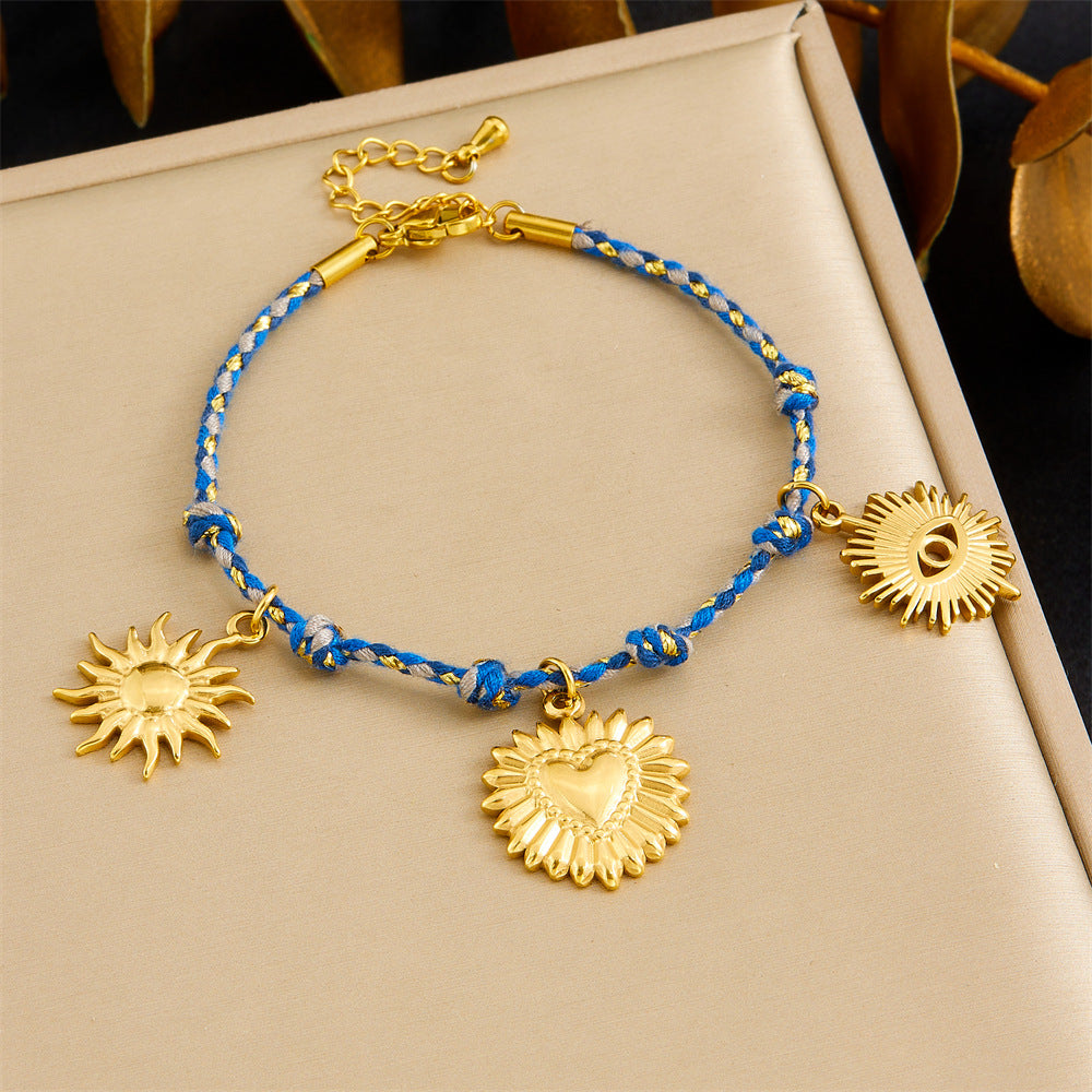 Bohemian Vintage Gold Plated Stainless Steel Rope Chain Necklace and Bracelet Set with Animal Pendant