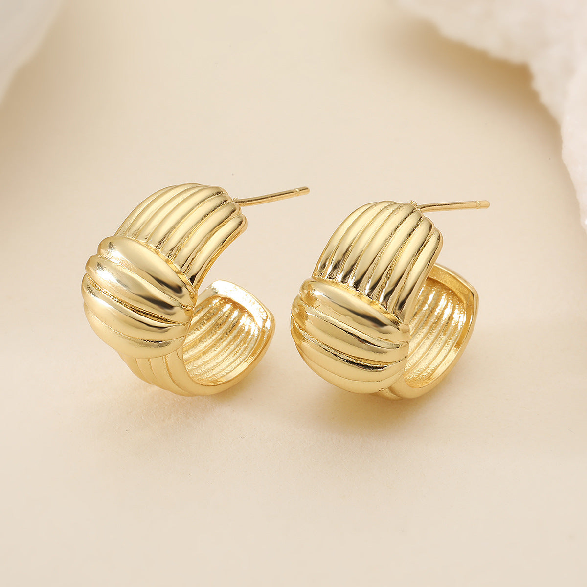 Vintage Punk Geometric C-Shaped Copper Earrings with 18K Gold Plating and Micro-Paved Zirconia for Women