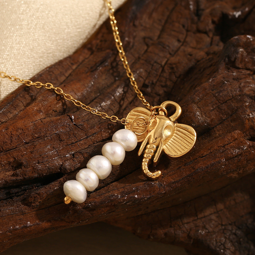 Vintage Creative Elephant Pendant Necklace for Women in Stainless Steel with 18K Gold Plating and Pearl Accents