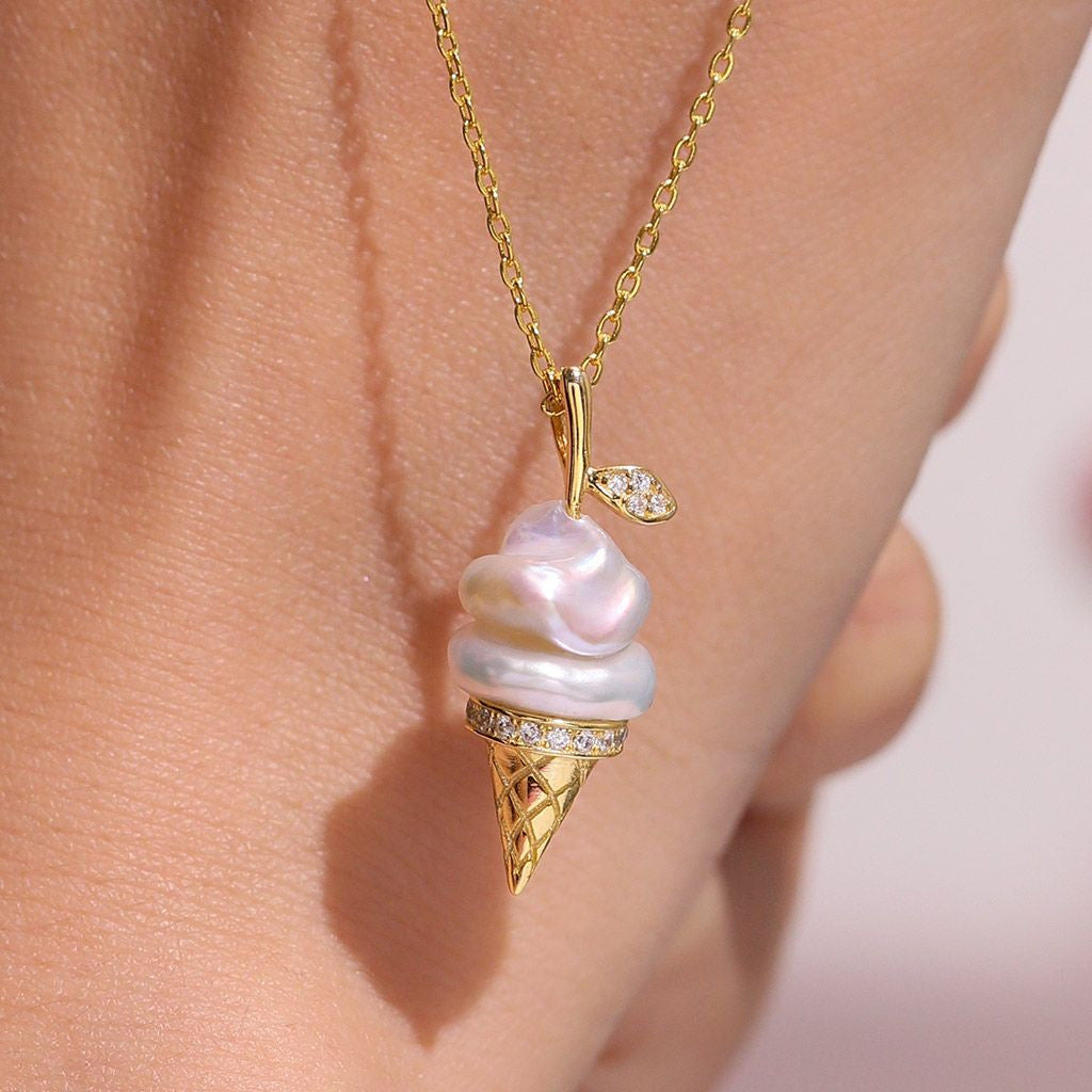 Cute Ice Cream Shaped Geometric Pendant Necklace for Women with Plated Copper Chain and Fresh Sweet Style