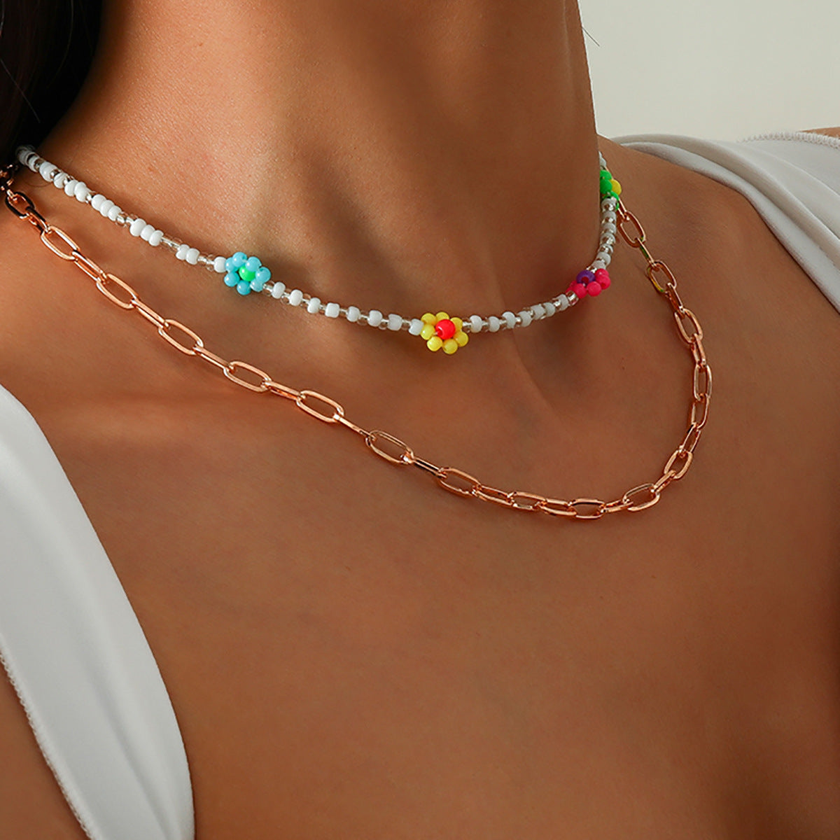 Minimalist Daisy Floral Necklace Set with Cross Chain and Resin Accents for Women