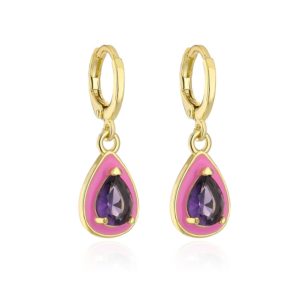 Bohemian Geometric Drip Enamel Zircon Drop Earrings for Women in Copper with Real Gold Plating