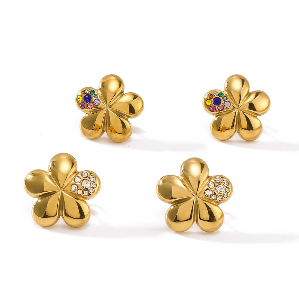 Floral Design Stainless Steel Earrings with Rhinestone Inlay Five-Petal Flower Shape for Women