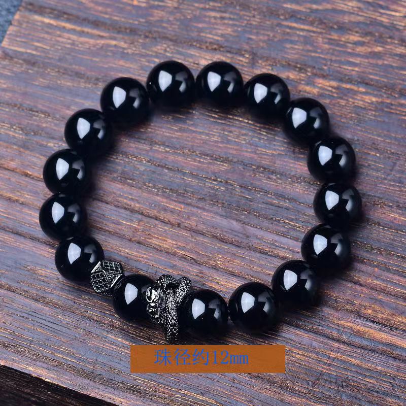 Bracciale Geometrico con Perline di Ossidiana Nera, Montatura in Rame e Accenti di Zirconi, Accessorio Moda Unisex per Donna e Uomo