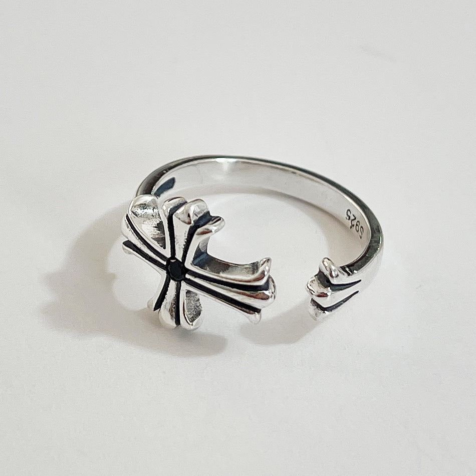 Anello S925 in Argento Sterling, Regolabile, a Croce Aperta, Finitura Anticata, Ispirazione Coreana Giapponese, Anello da Donna alla Moda