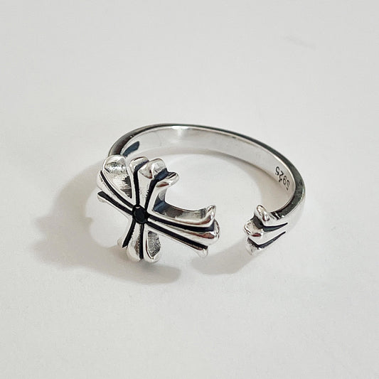 Anello S925 in Argento Sterling, Regolabile, a Croce Aperta, Finitura Anticata, Ispirazione Coreana Giapponese, Anello da Donna alla Moda
