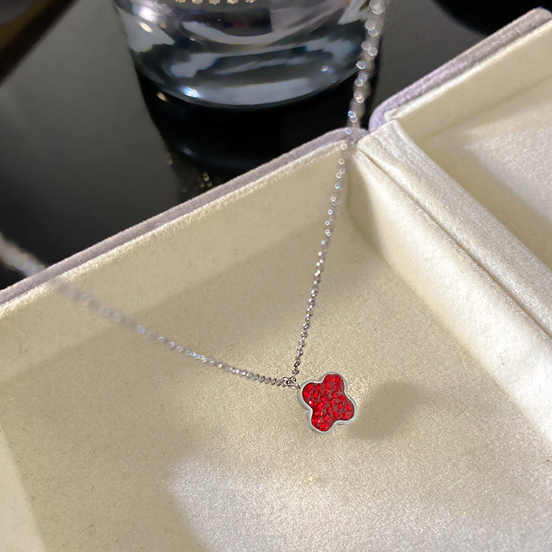 Elegant Micro-Set Cubic Zirconia Red Geometric Titanium Steel Necklace for Unisex