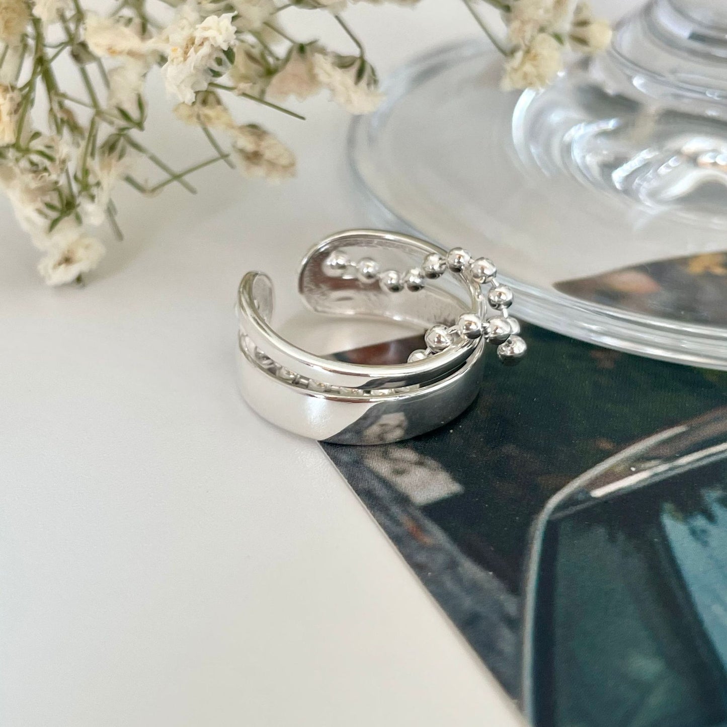 Minimalist Hollow Heart-Shaped 925 Sterling Silver Open Ring with Silver Inlay for Women