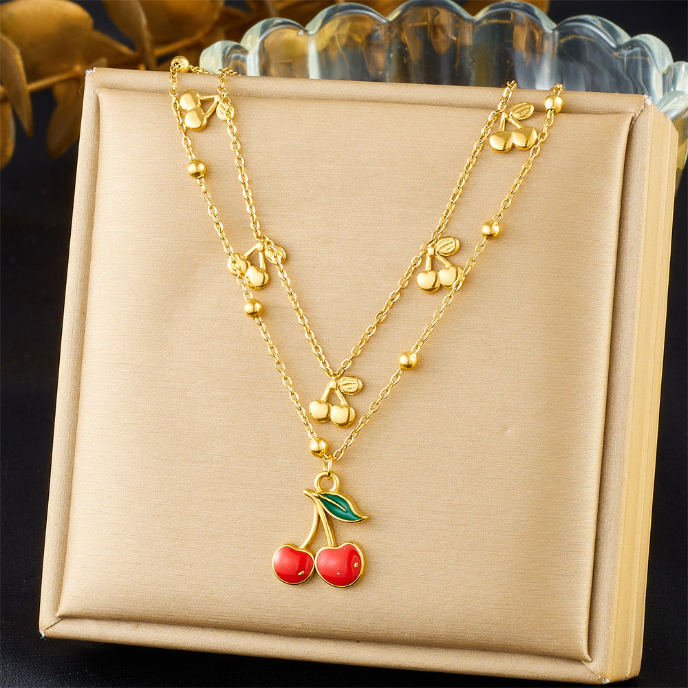 Cherry-Shaped Pendant Necklace in Stainless Steel with Plated Finish, O-Chain Design for Women